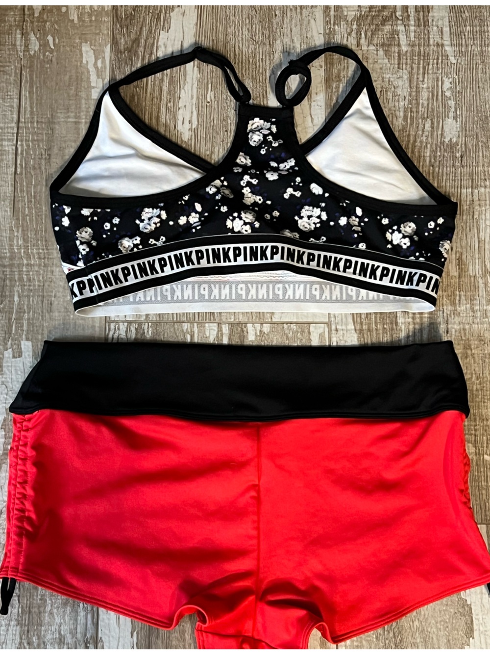 PINK VS Bikini! Gym to Swim Active Red/Black Floral Top & Red/Black Bottom Sz-L! - Picture 2 of 8